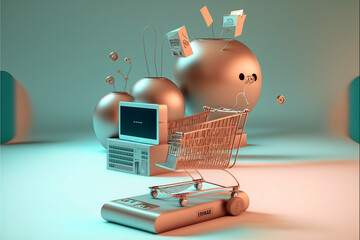 Koszyk internetowy, zakupy online 3d, Online shopping cart, 3d online shopping - AI Generated  - obrazy, fototapety, plakaty