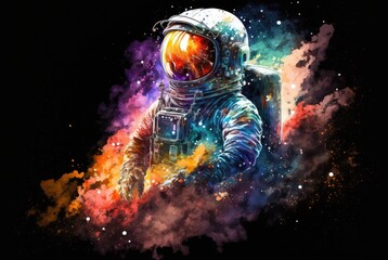 Fototapeta na wymiar A drawing of an astronaut in space with rainbow nebulae drawn in multicolored watercolor splashes