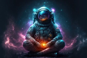 Esoteric spiritual yogi astronaut in lotus position meditation in the deep space mysterious. Mystical fantasy mood