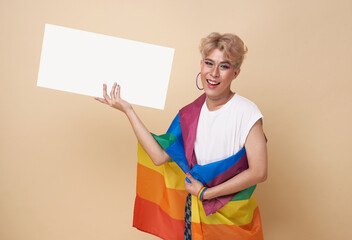 Happy asian transgender LGBT hand showing blank announcement banner isolated on studio background.