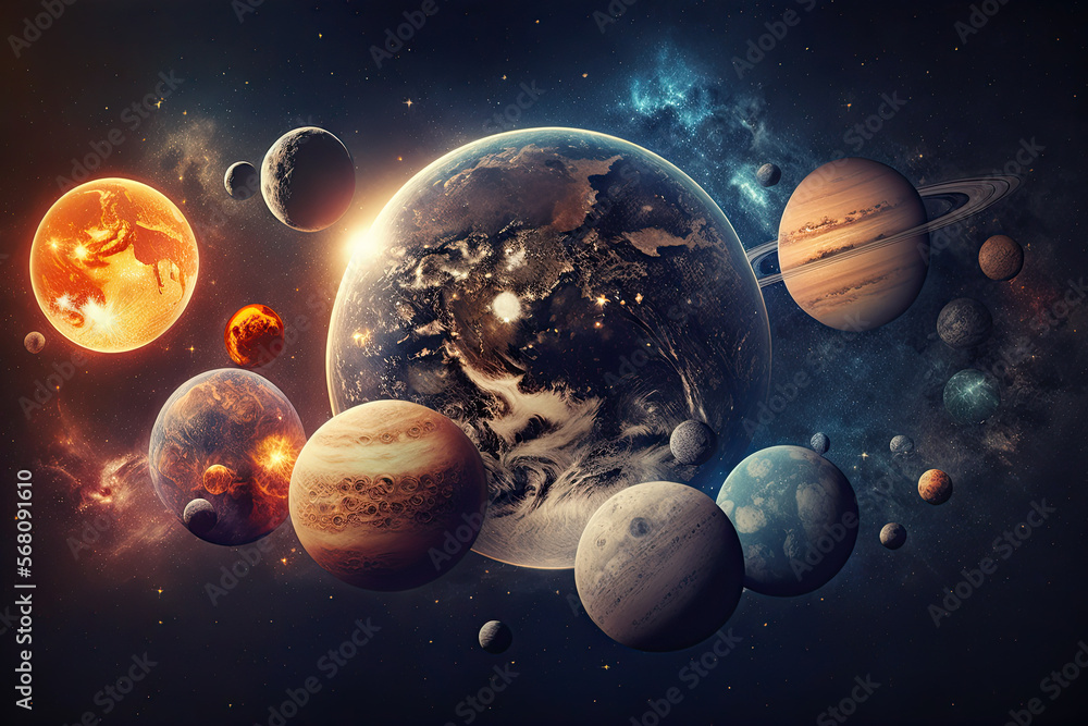 Poster diagram of a fantastic universe with planets and stars in space. generative ai