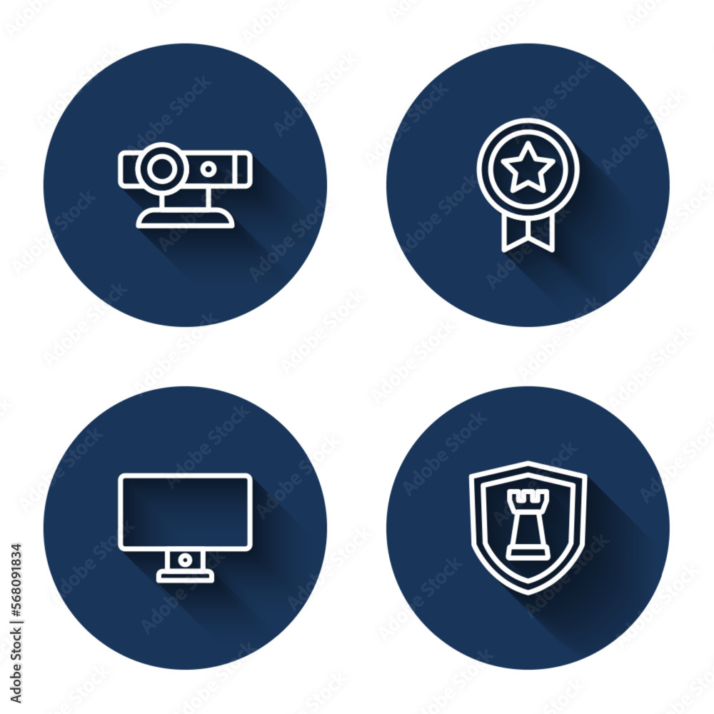 Poster set line web camera, game rating with medal, computer monitor and chess shield with long shadow. blu