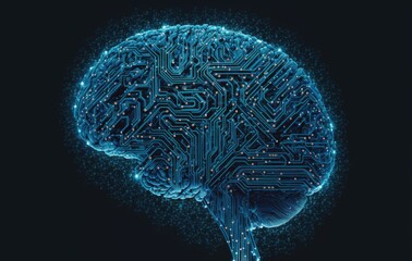 Blue microchip brain with a neural network .Artificial intelligence big data analysis concept 