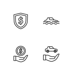 Set line Car insurance, Money with shield, Shield dollar and Flood car icon. Vector