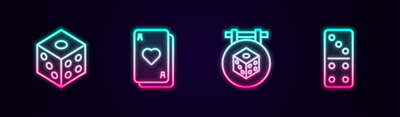 Set line Game dice, Playing cards, and Domino. Glowing neon icon. Vector