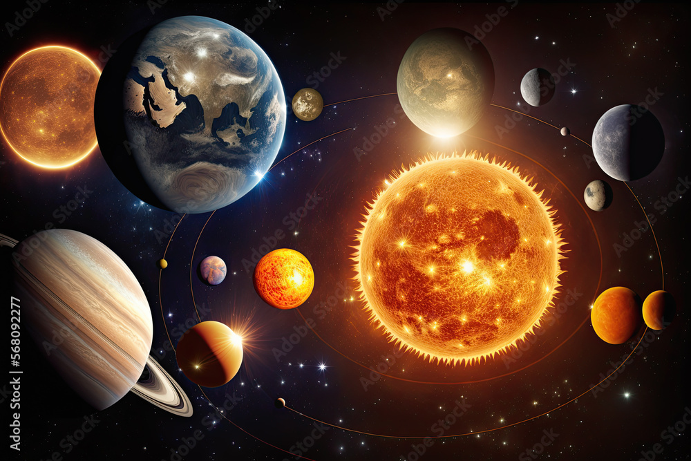 Wall mural unreal fantastic scheme of the solar system with the sun and planets in space. generative ai