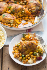 Chicken tagine casserole with olives, preserved lemons and chickpeas 