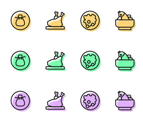 Set line Rice in a bowl, Wonton, Roasted turkey or chicken and with fish icon. Vector