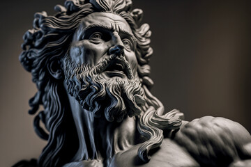 Fototapeta na wymiar Head of greek god sculpture, statue of a man with long beard on dark background. AI generated image.