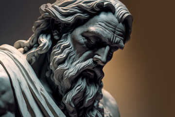Plakat Head of greek god sculpture, statue of a man with long beard on dark background. AI generated image.