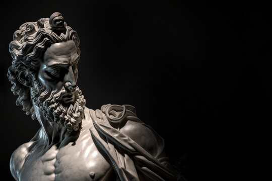 Head of greek god sculpture, statue of a man with long beard on dark background. AI generated image.