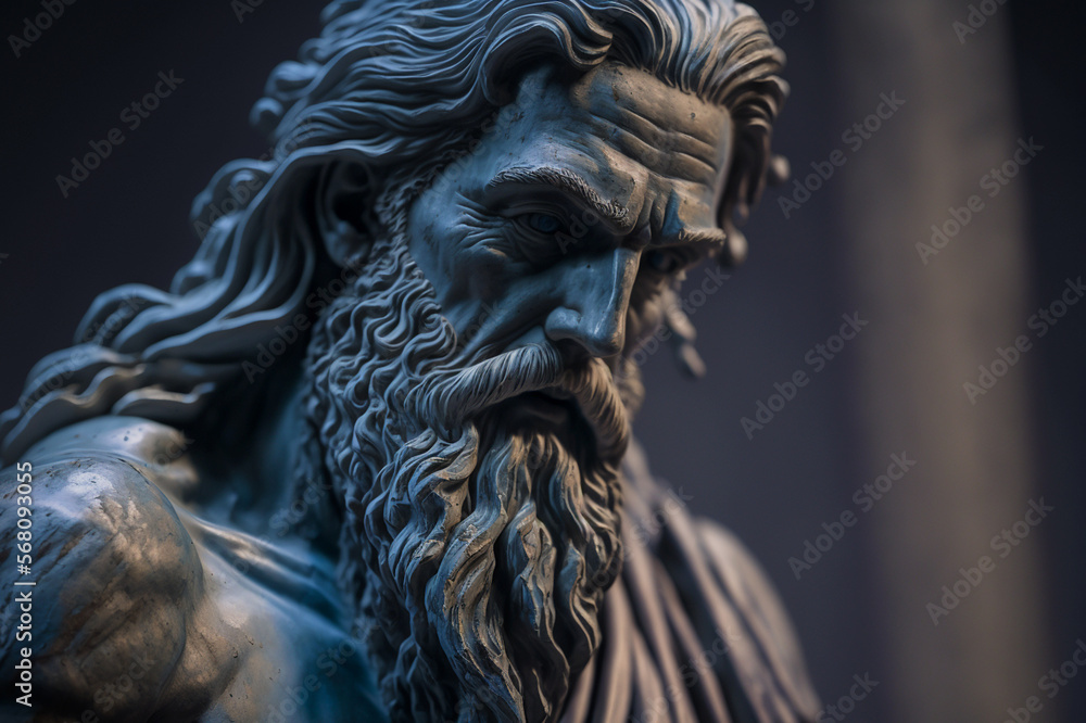 Wall mural Head of greek god sculpture, statue of a man with long beard on dark background. AI generated image.