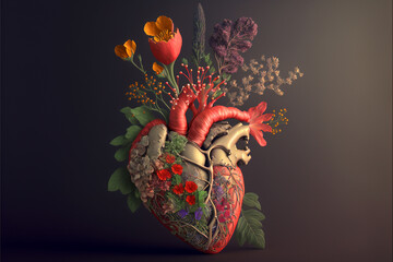 Beautiful anatomic heart with flowers and leaves. Floral romantic composition for greeting card. AI generated image. - obrazy, fototapety, plakaty