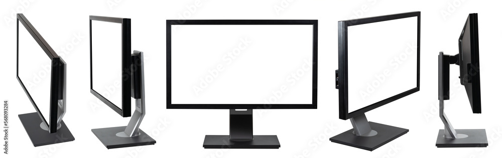 Wall mural set collection of modern black pc computer monitor flat screen in front side view isolated on white 