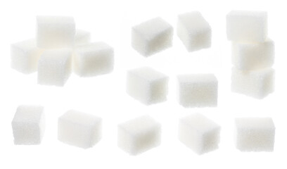 Collection of white sugar cubes, isolated on white background