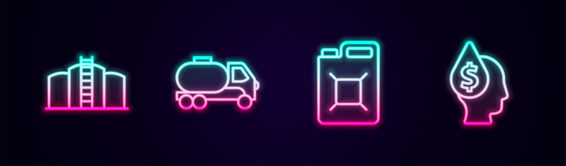 Set line Oil tank storage, Tanker truck, Canister for gasoline and drop with dollar symbol. Glowing neon icon. Vector