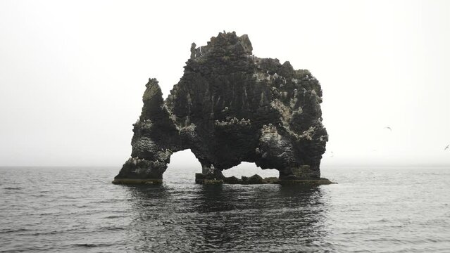 Hvitserkur rock or arch in the ocean. Cliffs and landscape in Iceland. High quality 4k footage.