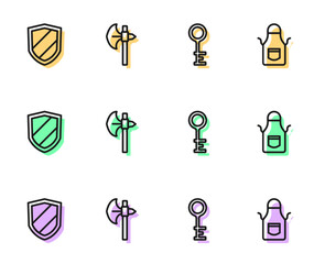 Set line Old key, Shield, Medieval axe and Blacksmith apron icon. Vector