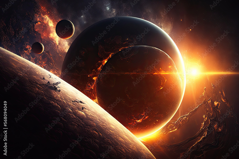 Wall mural fantastic birth of a new planet in the universe with stars in space. generative ai