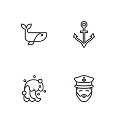 Set line Captain of ship, Tsunami, Whale and Anchor icon. Vector