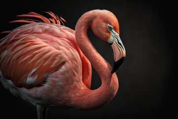 Fototapeta premium Phoenicopterus ruber, an American flamingo, isolated against a dark background. The Caribbean flamingo is another name for a large species of flamingo. Generative AI