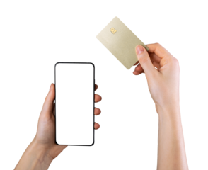 Mobile phone mockup for bank app. Hands holding smartphone screen mock-up, paying online with credit debit card, shopping online