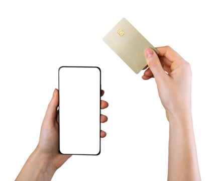 Mobile phone mockup for bank app. Hands holding smartphone screen mock-up, paying online with credit debit card, shopping online