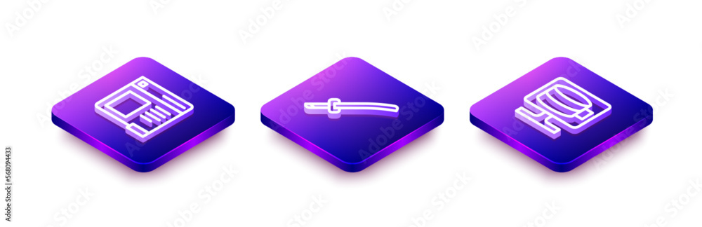 Poster Set Isometric line Browser window, Katana and Cloud database icon. Vector