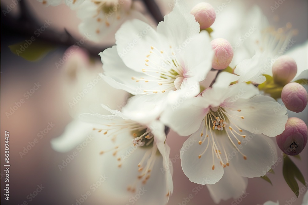 Poster a close up of a white flower on a branch with a blurry background of the flowers and leaves of a tre
