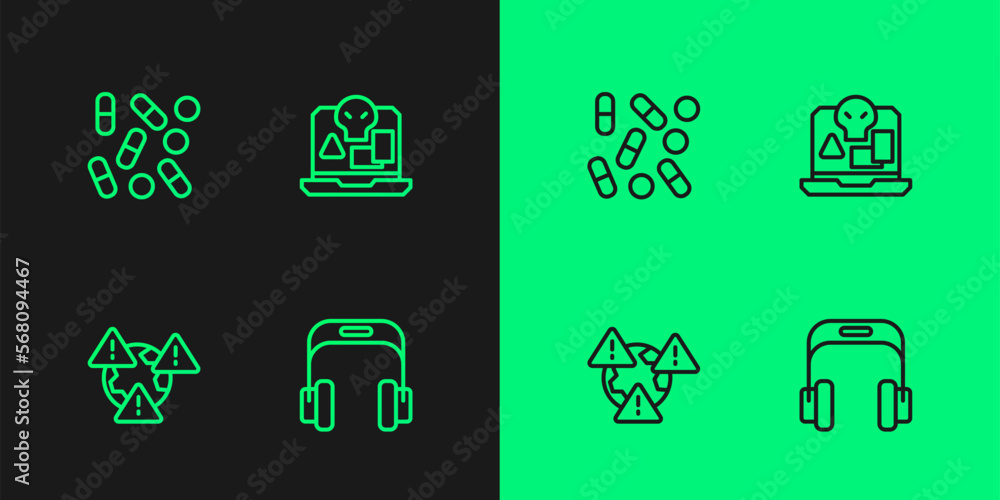 Poster Set line Headphones, Earth with exclamation mark, Medical pill biohacking and Internet piracy icon. Vector