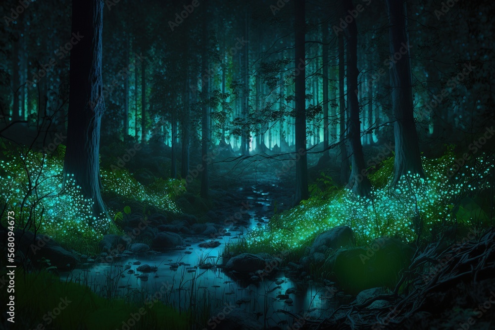 Poster a painting of a stream in a forest with green lights on the trees and grass growing on the rocks and