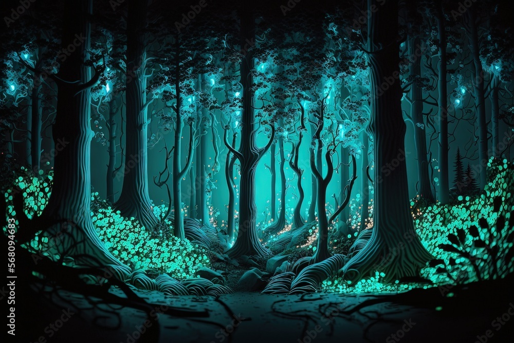 Aufkleber a painting of a dark forest with green light coming from the trees and a path leading to the light a