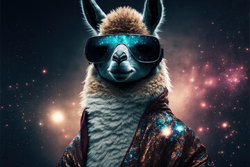 Created with Generative AI technology. Creative happy lama animal in disco clothes dancing on the party. - obrazy, fototapety, plakaty