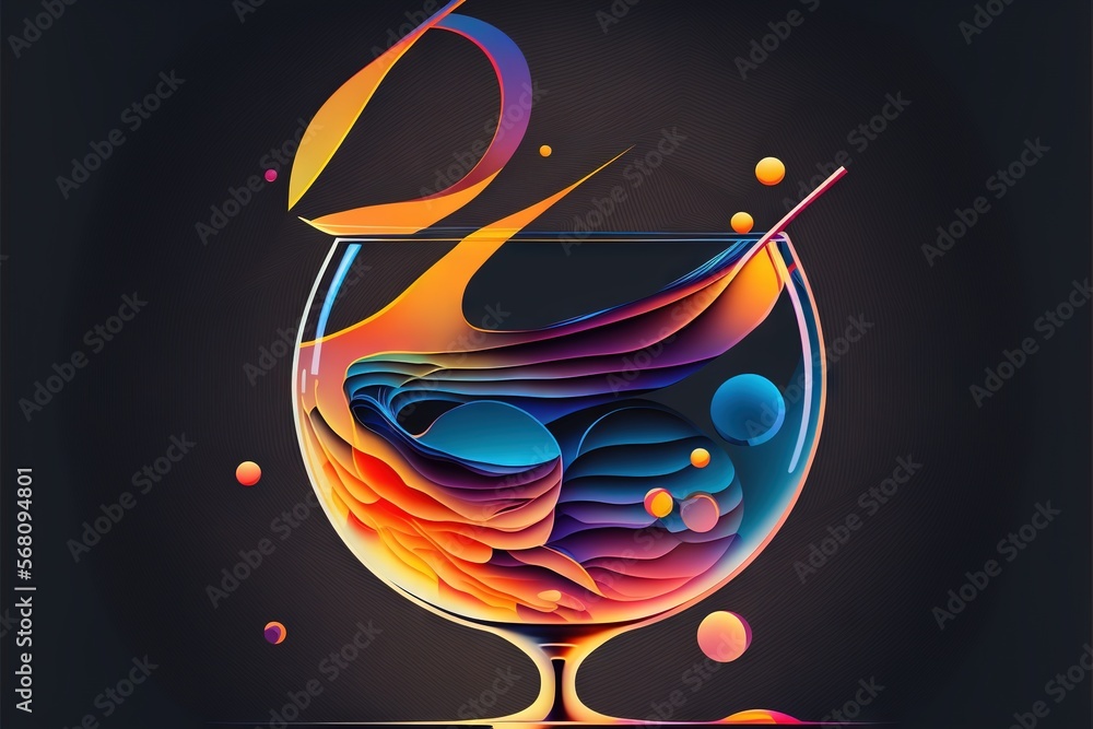 Poster a colorful glass with liquid and bubbles on a black background with a black background and a black b