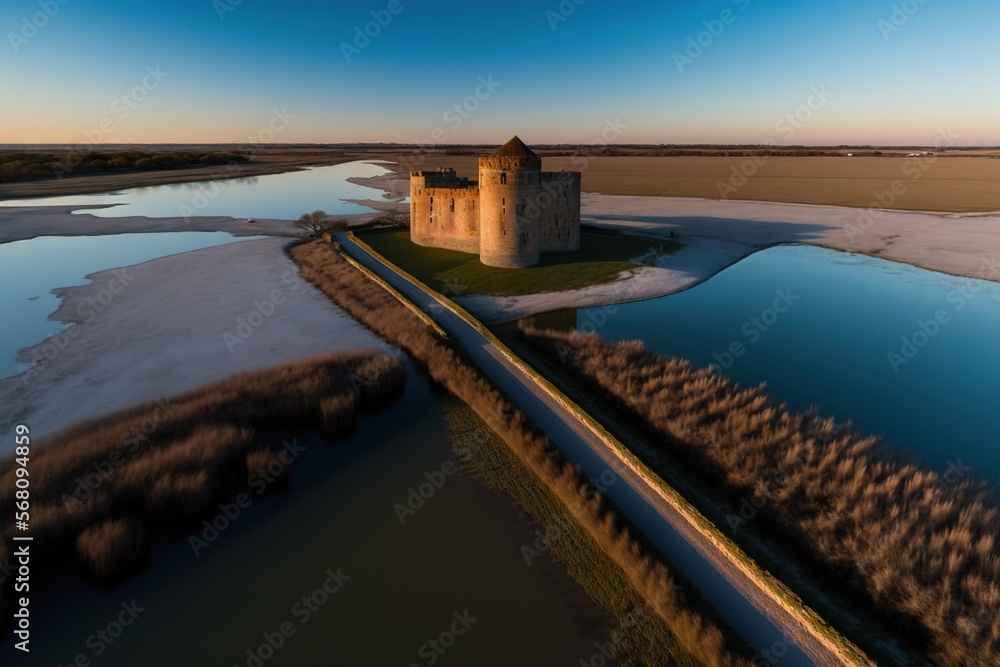 Poster an aerial view of a castle near a body of water with a train passing by it and a bridge in the foreg