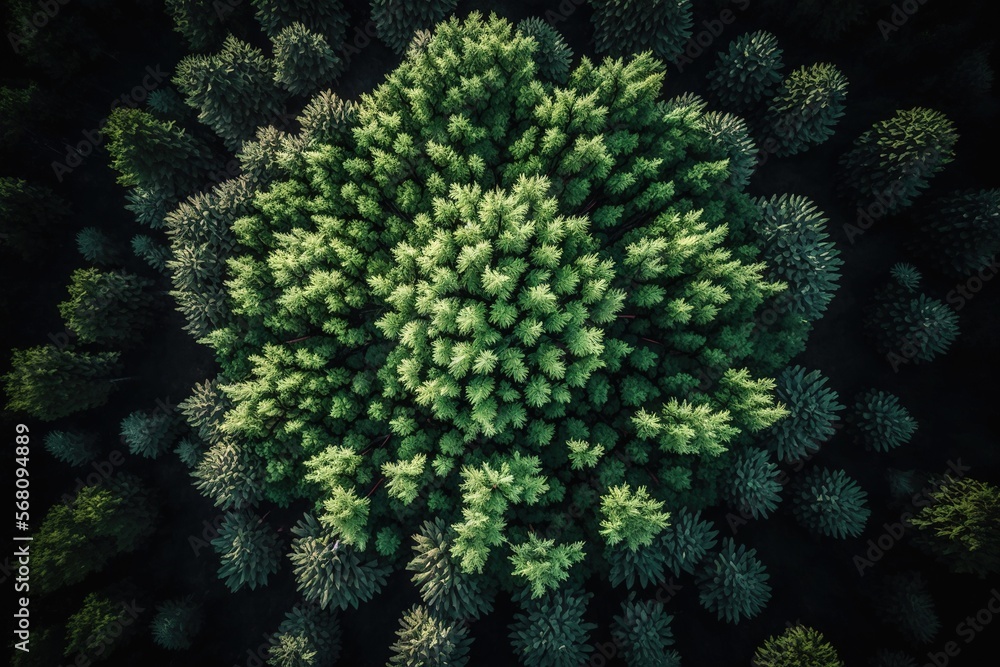 Poster an aerial view of a forest with lots of green trees in the middle of the frame and a black backgroun