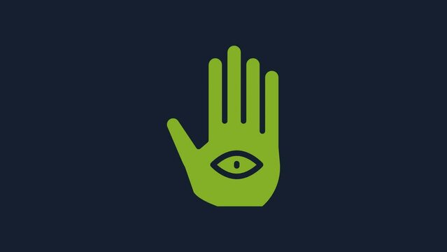 Yellow Hamsa hand icon isolated on blue background. Hand of Fatima - amulet, symbol of protection from devil eye. 4K Video motion graphic animation