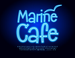 Obraz premium Vector Neon Poster Marine Cafe. Bright Glowing Font. Blue handwritten Alphabet Letters and Numbers 