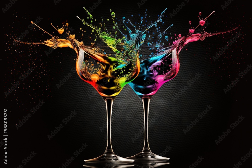 Aufkleber two wine glasses filled with colorful liquid splashing out of them on a black background with a spla
