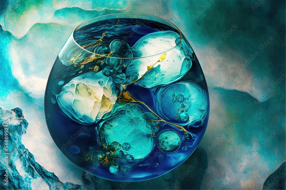 Poster a blue vase with ice and water inside of it on a table top with a mountain in the background and a b