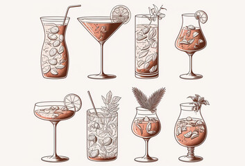 Alcoholic drinks line drawing collection. Bar menu. Generative ai