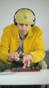 Mixed race man making beats from his sofa at the coffee table with an MPD MIDI controller. Vertical video