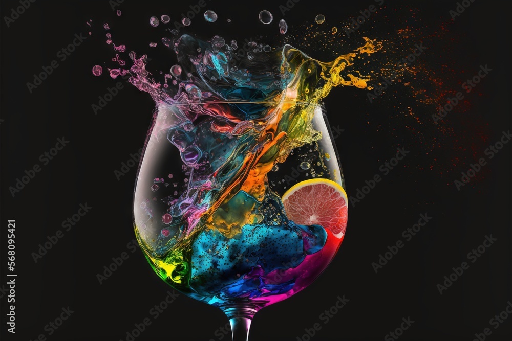 Aufkleber a colorful liquid splashing into a wine glass filled with a slice of lemon and a slice of orange on 