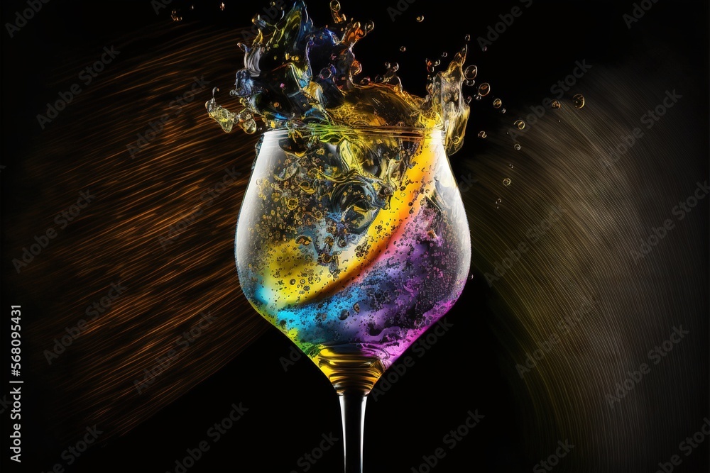 Aufkleber a colorful liquid splashing into a wine glass on a black background with a black background and a bl