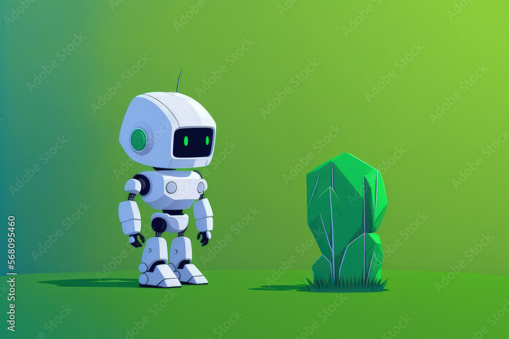 Poster an isolated green background with a little humanoid robot in the foreground. ai, or artificial intel