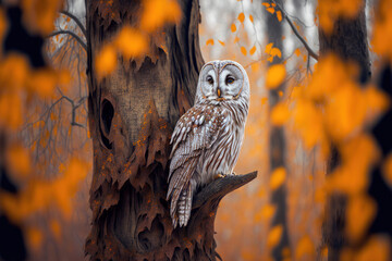 Owl concealed portrait Strix uralensis, a species of ural owl, perches on an ancient oak tree with damp orange leaves. Gorgeous grey owl in its natural environment. a raptor in wintertime nature. Euro