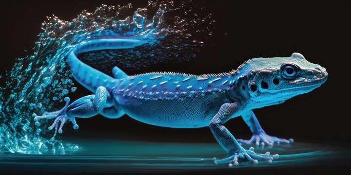 Electric Blue Gecko jumping of the water. Generative AI