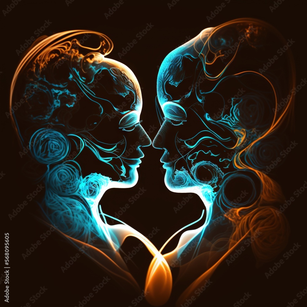 Poster a couple of people that are in the shape of a heart with their faces touching each other with their 