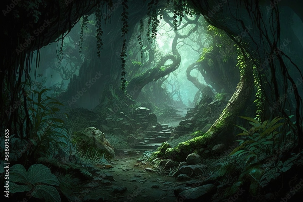 Poster a path in a forest with moss growing on the rocks and a light shining through the trees on the other
