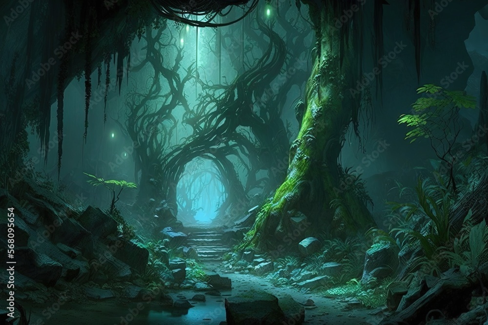 Poster a dark forest with lots of trees and a light at the end of the tunnel that is surrounded by rocks an
